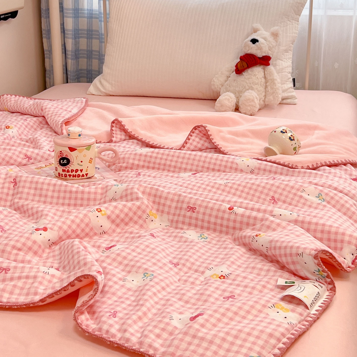 妮可 2026新款A类三层夹棉全棉双层纱绒多功能盖毯被 KT-浅粉