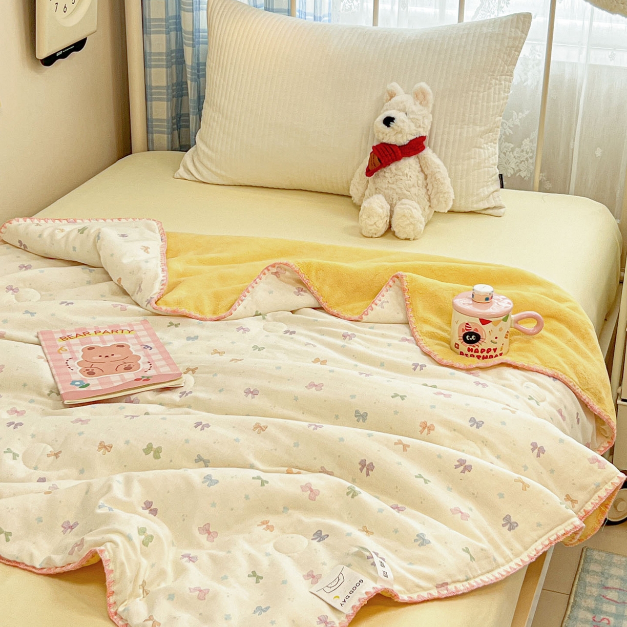 妮可 2026新款A类三层夹棉全棉双层纱绒多功能盖毯被 蝴蝶芙芙