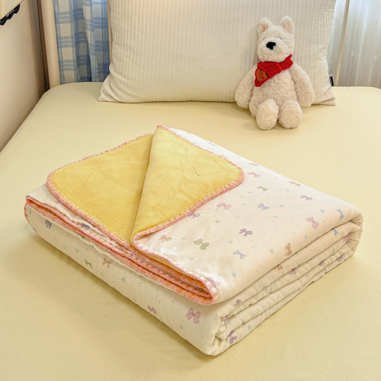 91家纺网 家纺一手货源 找家纺 妮可 2026新款A类三层夹棉全棉双层纱绒多功能盖毯被 蝴蝶芙芙