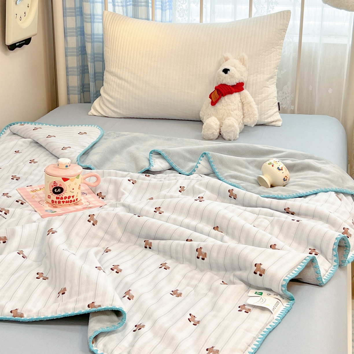 妮可 2026新款A类三层夹棉全棉双层纱绒多功能盖毯被 小马日记