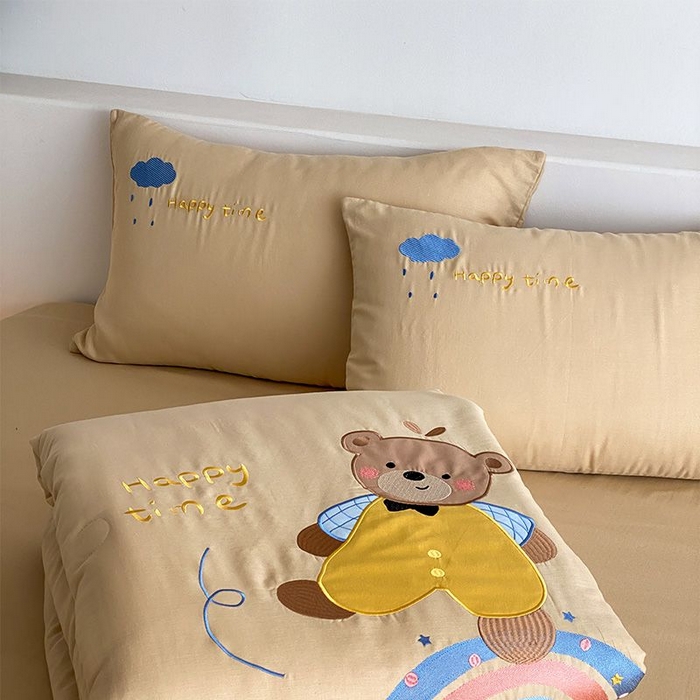 鸣升家纺 2026新款全棉夏被双层纱贴布绣100%棉花夏被四件套 彩虹小熊-卡其