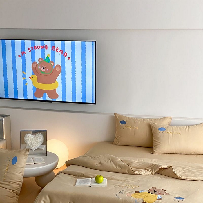 91家纺网 家纺一手货源 找家纺 鸣升家纺 2026新款全棉夏被双层纱贴布绣100%棉花夏被四件套 彩虹小熊-卡其