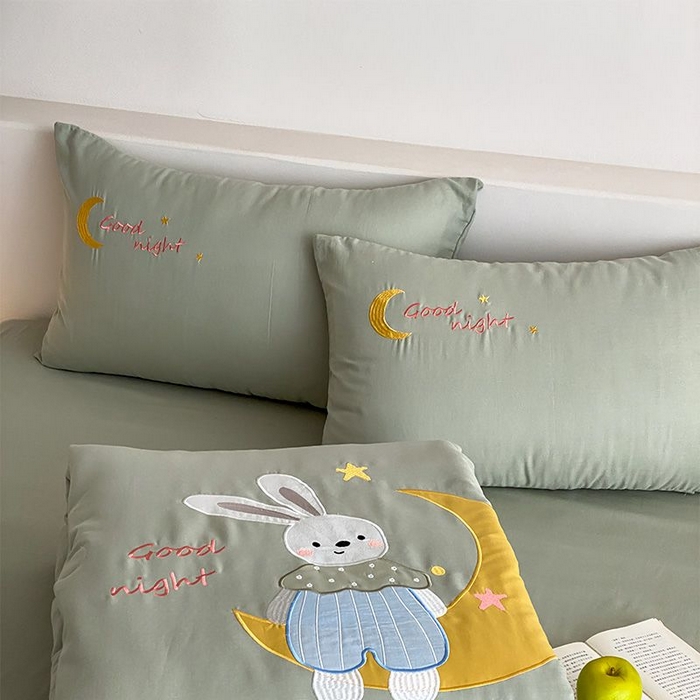 鸣升家纺 2026新款全棉夏被双层纱贴布绣100%棉花夏被四件套 月牙兔兔-水绿