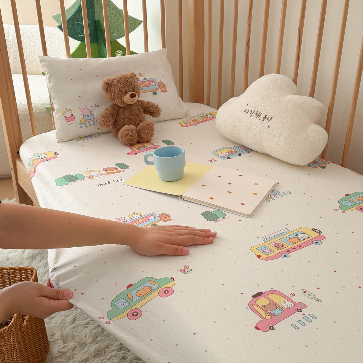 嗨生活 2026新款儿童婴儿床床笠全棉纯棉双层纱床笠席梦思套拼床床笠套 春日班