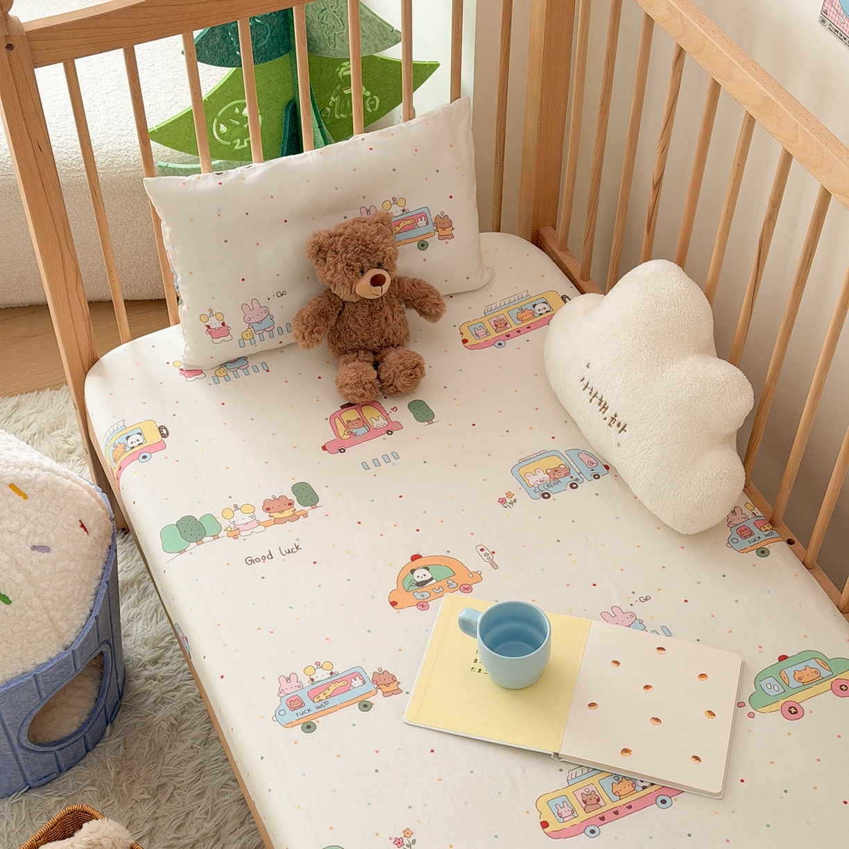 91家纺网 家纺一手货源 找家纺 嗨生活 2026新款儿童婴儿床床笠全棉纯棉双层纱床笠席梦思套拼床床笠套 春日班