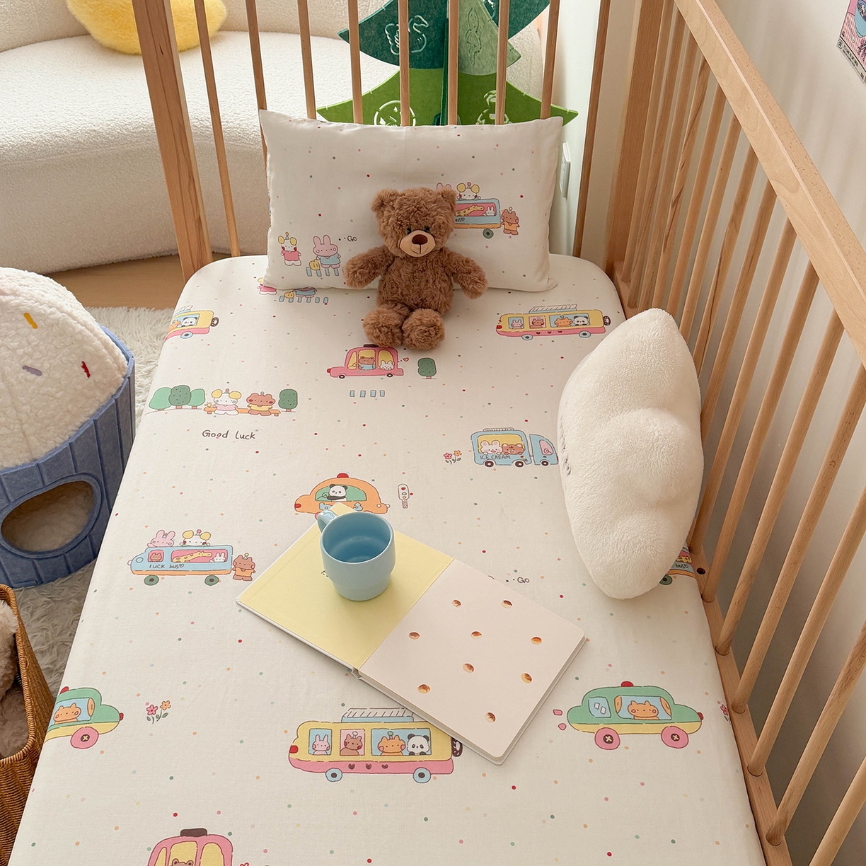 91家纺网 家纺一手货源 找家纺 嗨生活 2026新款儿童婴儿床床笠全棉纯棉双层纱床笠席梦思套拼床床笠套 春日班