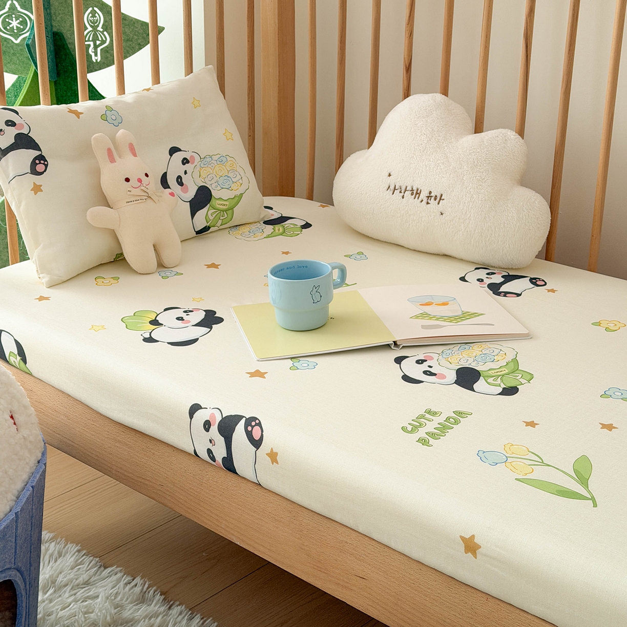 91家纺网 家纺一手货源 找家纺 嗨生活 2026新款儿童婴儿床床笠全棉纯棉双层纱床笠席梦思套拼床床笠套 奶油熊猫