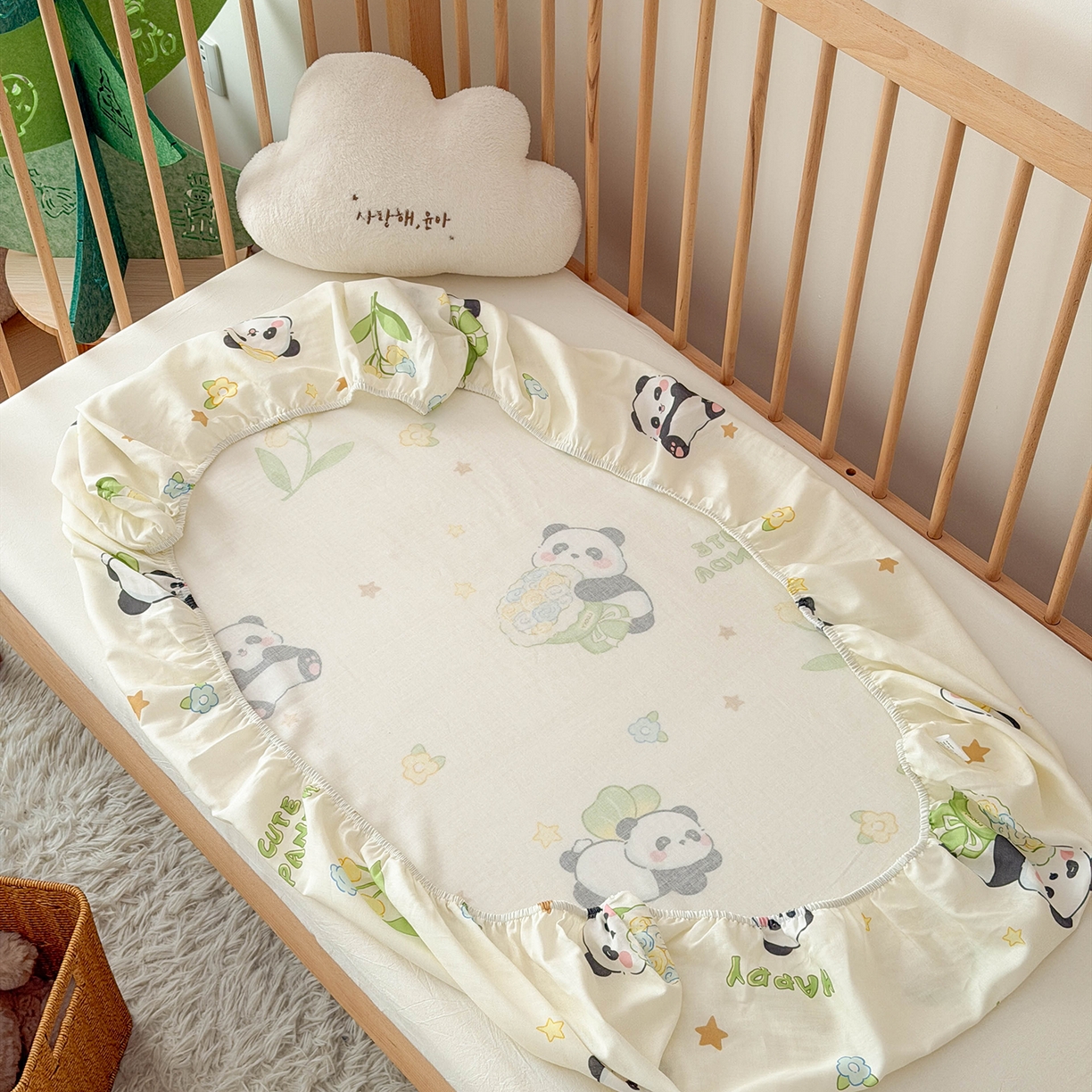 91家纺网 家纺一手货源 找家纺 嗨生活 2026新款儿童婴儿床床笠全棉纯棉双层纱床笠席梦思套拼床床笠套 奶油熊猫