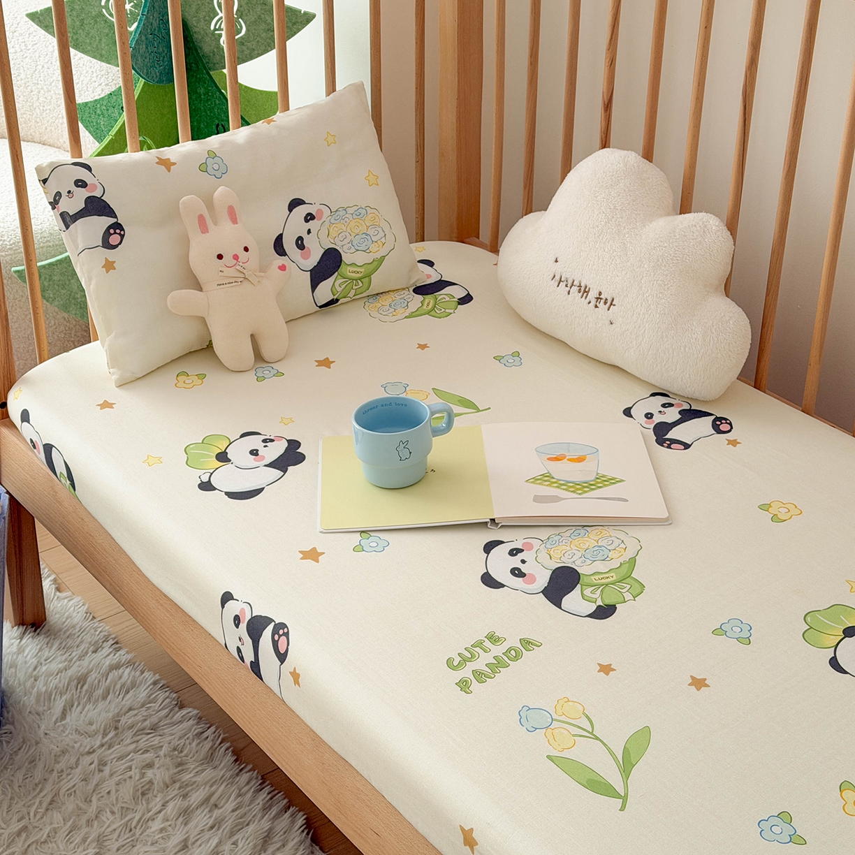 91家纺网 家纺一手货源 找家纺 嗨生活 2026新款儿童婴儿床床笠全棉纯棉双层纱床笠席梦思套拼床床笠套 奶油熊猫