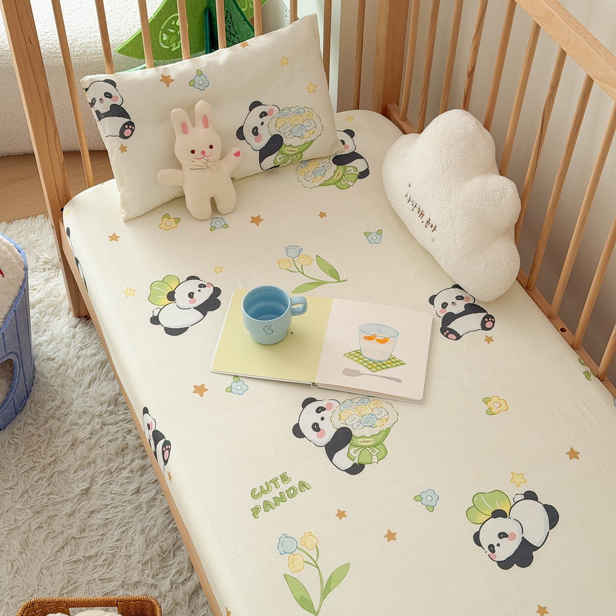 91家纺网 家纺一手货源 找家纺 嗨生活 2026新款儿童婴儿床床笠全棉纯棉双层纱床笠席梦思套拼床床笠套 奶油熊猫