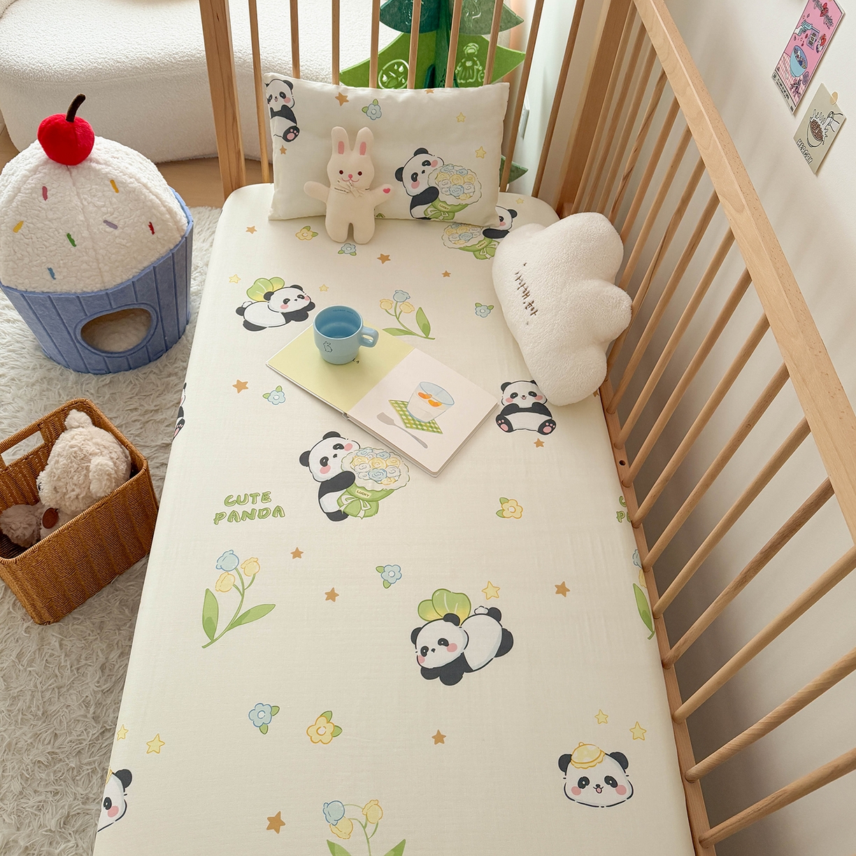 91家纺网 家纺一手货源 找家纺 嗨生活 2026新款儿童婴儿床床笠全棉纯棉双层纱床笠席梦思套拼床床笠套 奶油熊猫