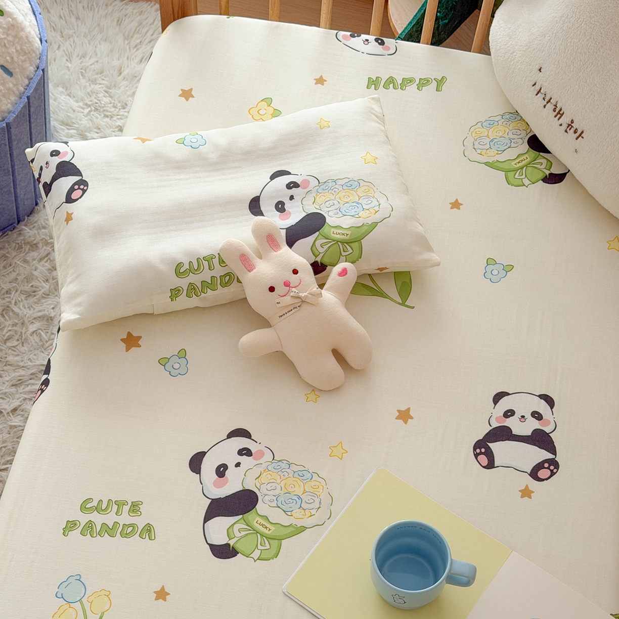 91家纺网 家纺一手货源 找家纺 嗨生活 2026新款儿童婴儿床床笠全棉纯棉双层纱床笠席梦思套拼床床笠套 奶油熊猫