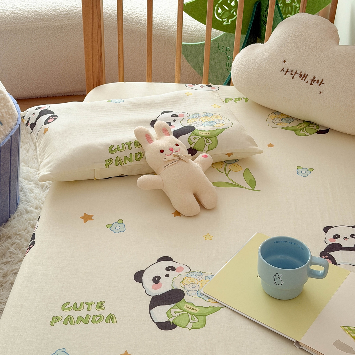 91家纺网 家纺一手货源 找家纺 嗨生活 2026新款儿童婴儿床床笠全棉纯棉双层纱床笠席梦思套拼床床笠套 奶油熊猫