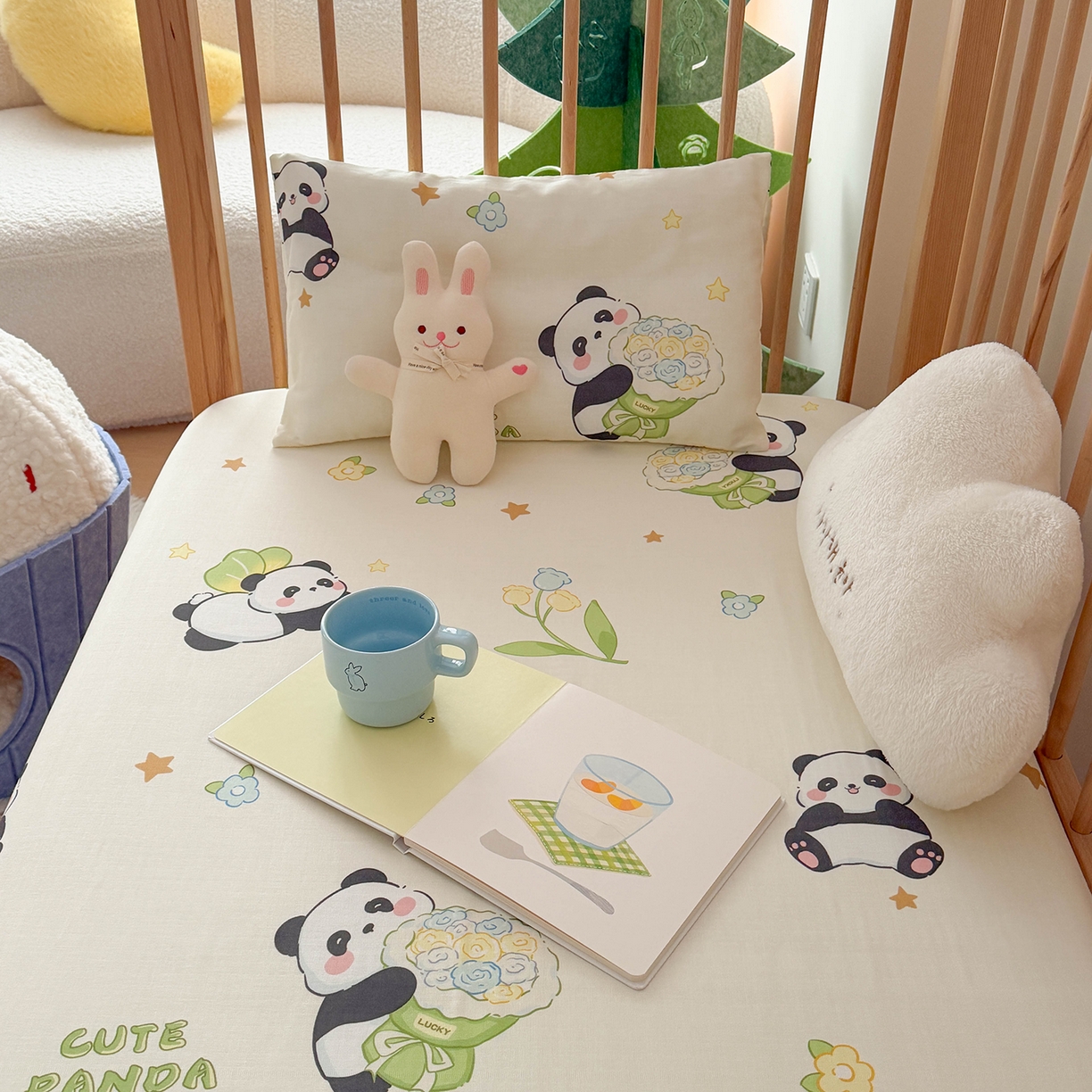 91家纺网 家纺一手货源 找家纺 嗨生活 2026新款儿童婴儿床床笠全棉纯棉双层纱床笠席梦思套拼床床笠套 奶油熊猫