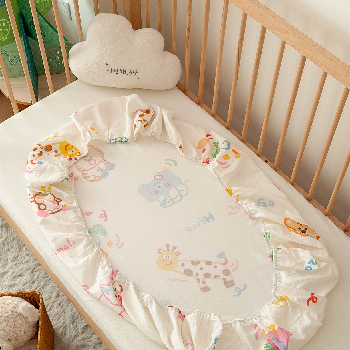 91家纺网 家纺一手货源 找家纺 嗨生活 2026新款儿童婴儿床床笠全棉纯棉双层纱床笠席梦思套拼床床笠套 奇趣欢乐园