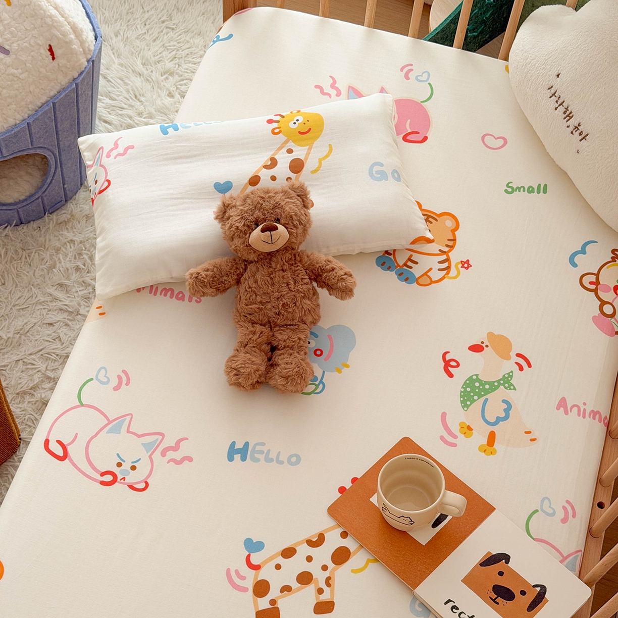 91家纺网 家纺一手货源 找家纺 嗨生活 2026新款儿童婴儿床床笠全棉纯棉双层纱床笠席梦思套拼床床笠套 奇趣欢乐园