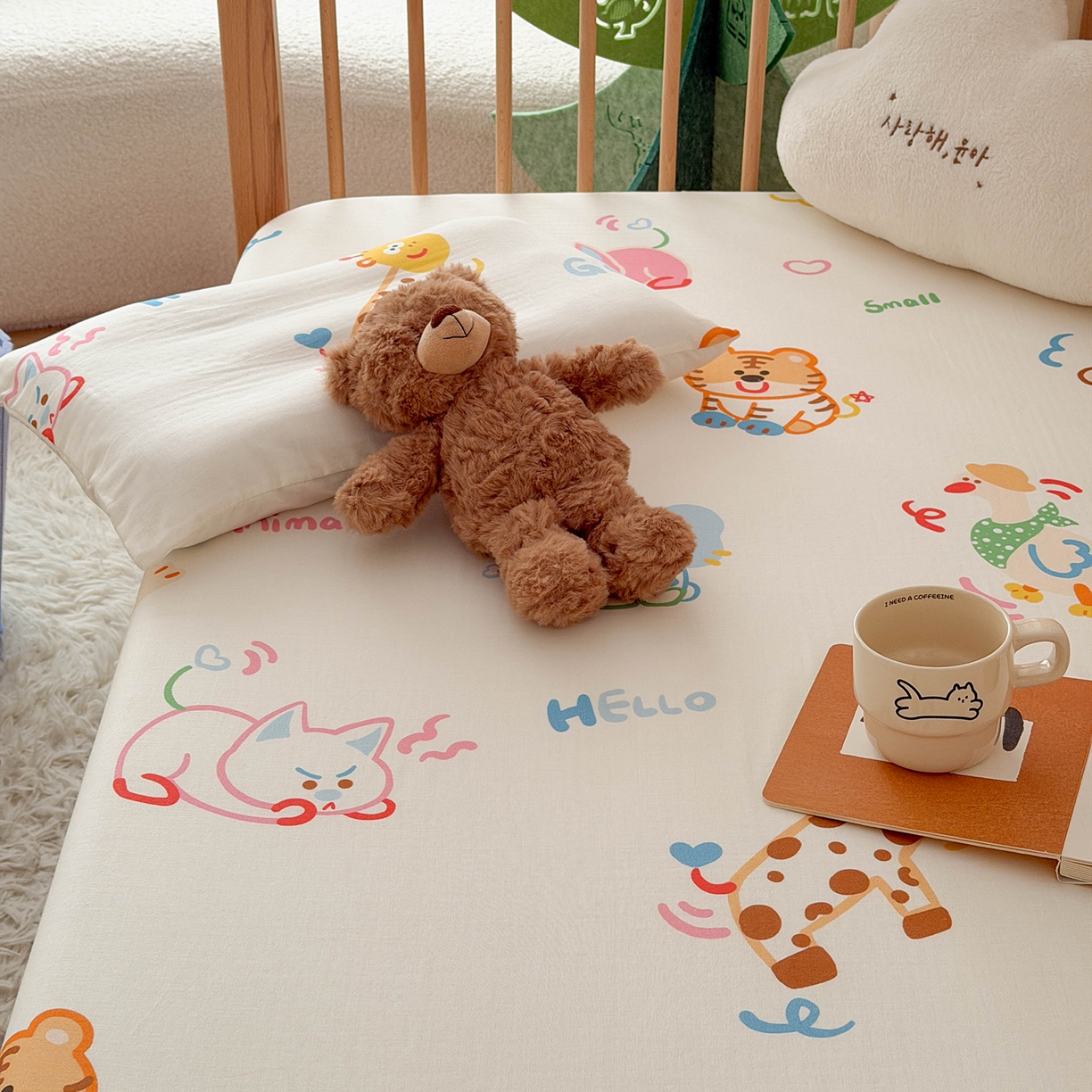 91家纺网 家纺一手货源 找家纺 嗨生活 2026新款儿童婴儿床床笠全棉纯棉双层纱床笠席梦思套拼床床笠套 奇趣欢乐园