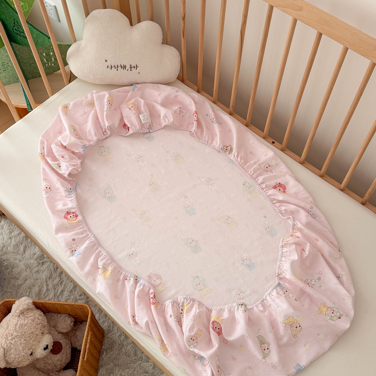 91家纺网 家纺一手货源 找家纺 嗨生活 2026新款儿童婴儿床床笠全棉纯棉双层纱床笠席梦思套拼床床笠套 小星人