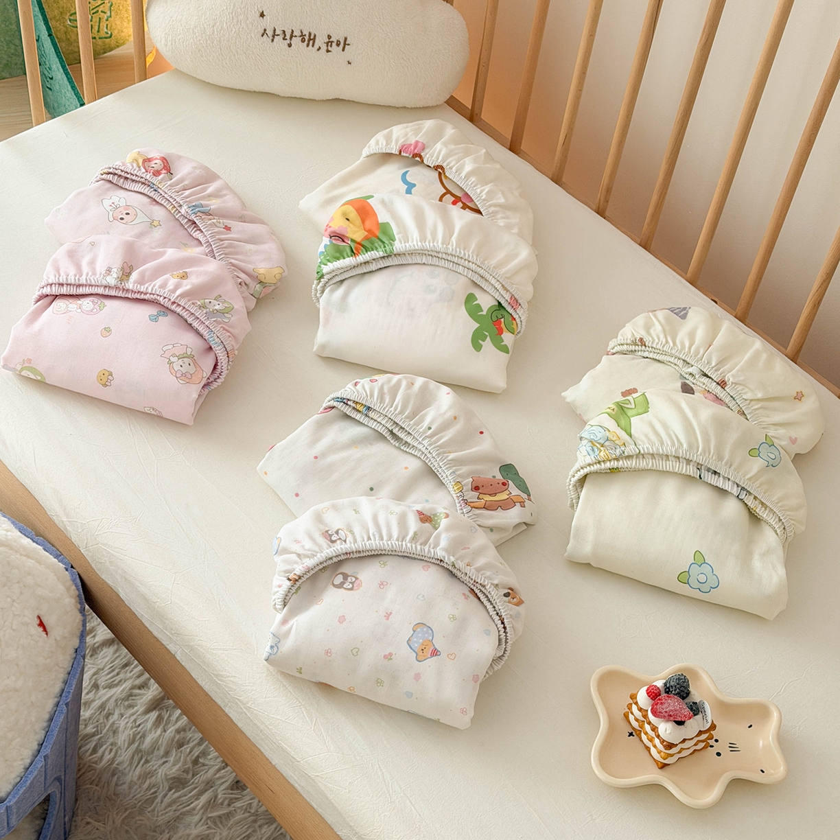 嗨生活 2026新款儿童婴儿床床笠全棉纯棉双层纱床笠席梦思套拼床床笠套 组合图仅供展示不可下单