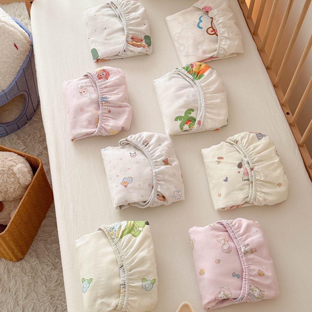 91家纺网 家纺一手货源 找家纺 嗨生活 2026新款儿童婴儿床床笠全棉纯棉双层纱床笠席梦思套拼床床笠套 组合图仅供展示不可下单