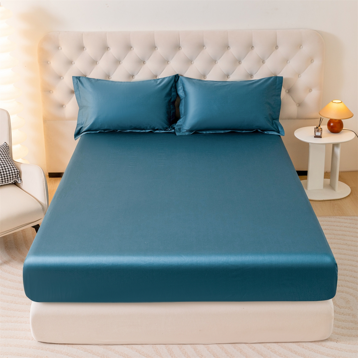 91家纺网 家纺一手货源 找家纺 宝时兰 2026新款全棉100S长绒棉床笠单件纯色纯棉贡缎 黛蓝