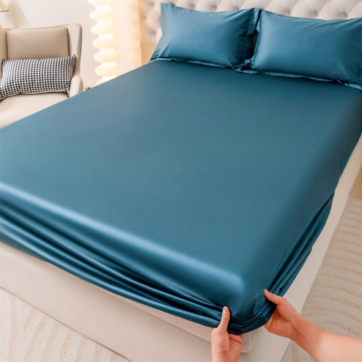 91家纺网 家纺一手货源 找家纺 宝时兰 2026新款全棉100S长绒棉床笠单件纯色纯棉贡缎 黛蓝