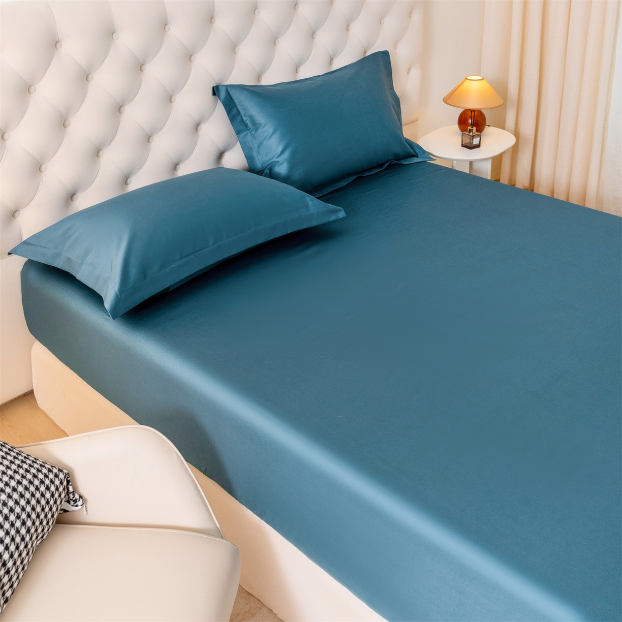 91家纺网 家纺一手货源 找家纺 宝时兰 2026新款全棉100S长绒棉床笠单件纯色纯棉贡缎 黛蓝