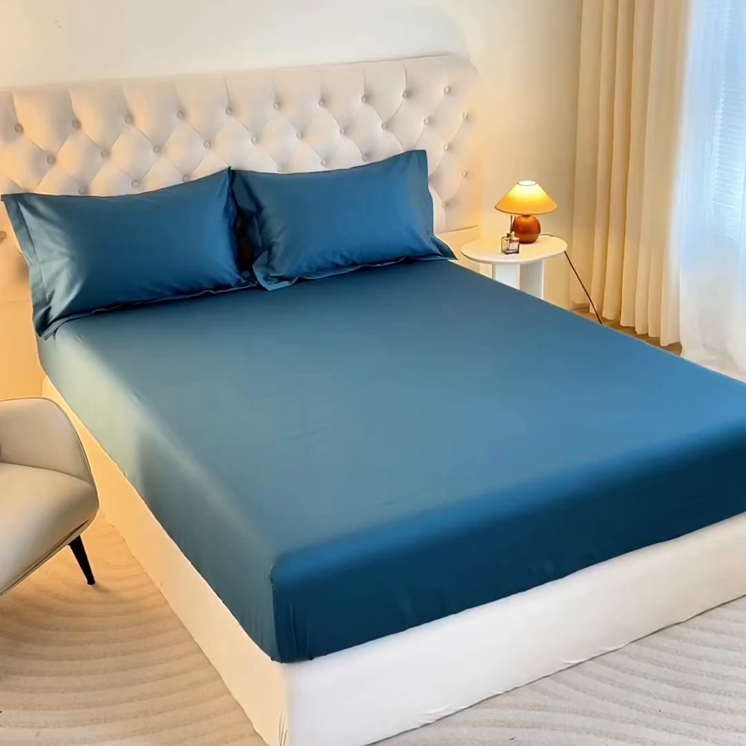 91家纺网 家纺一手货源 找家纺 宝时兰 2026新款全棉100S长绒棉床笠单件纯色纯棉贡缎 黛蓝