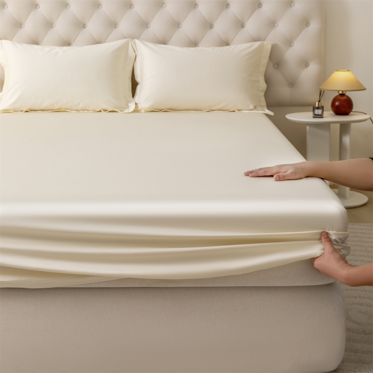 宝时兰 2026新款全棉100S长绒棉床笠单件纯色纯棉贡缎 米白
