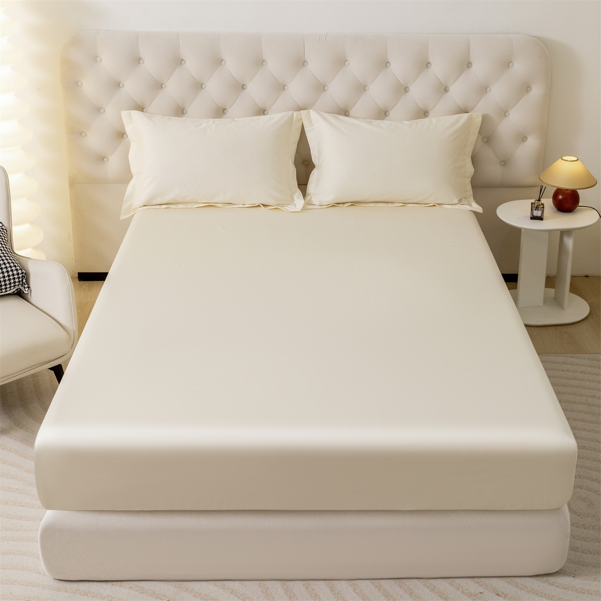 91家纺网 家纺一手货源 找家纺 宝时兰 2026新款全棉100S长绒棉床笠单件纯色纯棉贡缎 米白