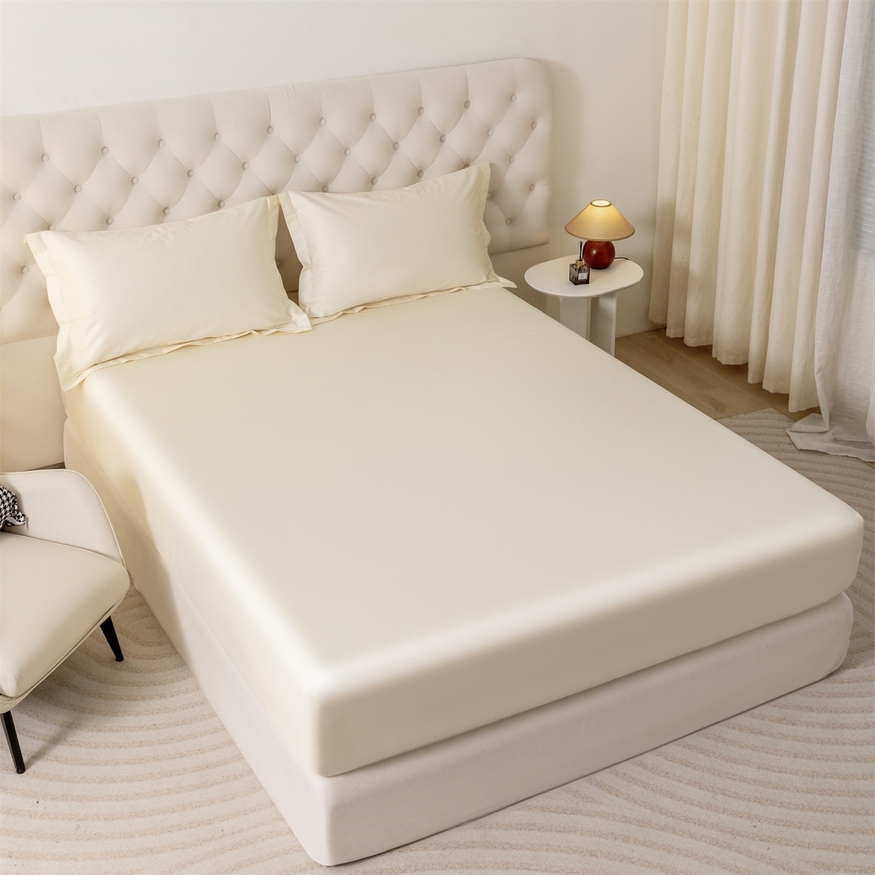 91家纺网 家纺一手货源 找家纺 宝时兰 2026新款全棉100S长绒棉床笠单件纯色纯棉贡缎 米白