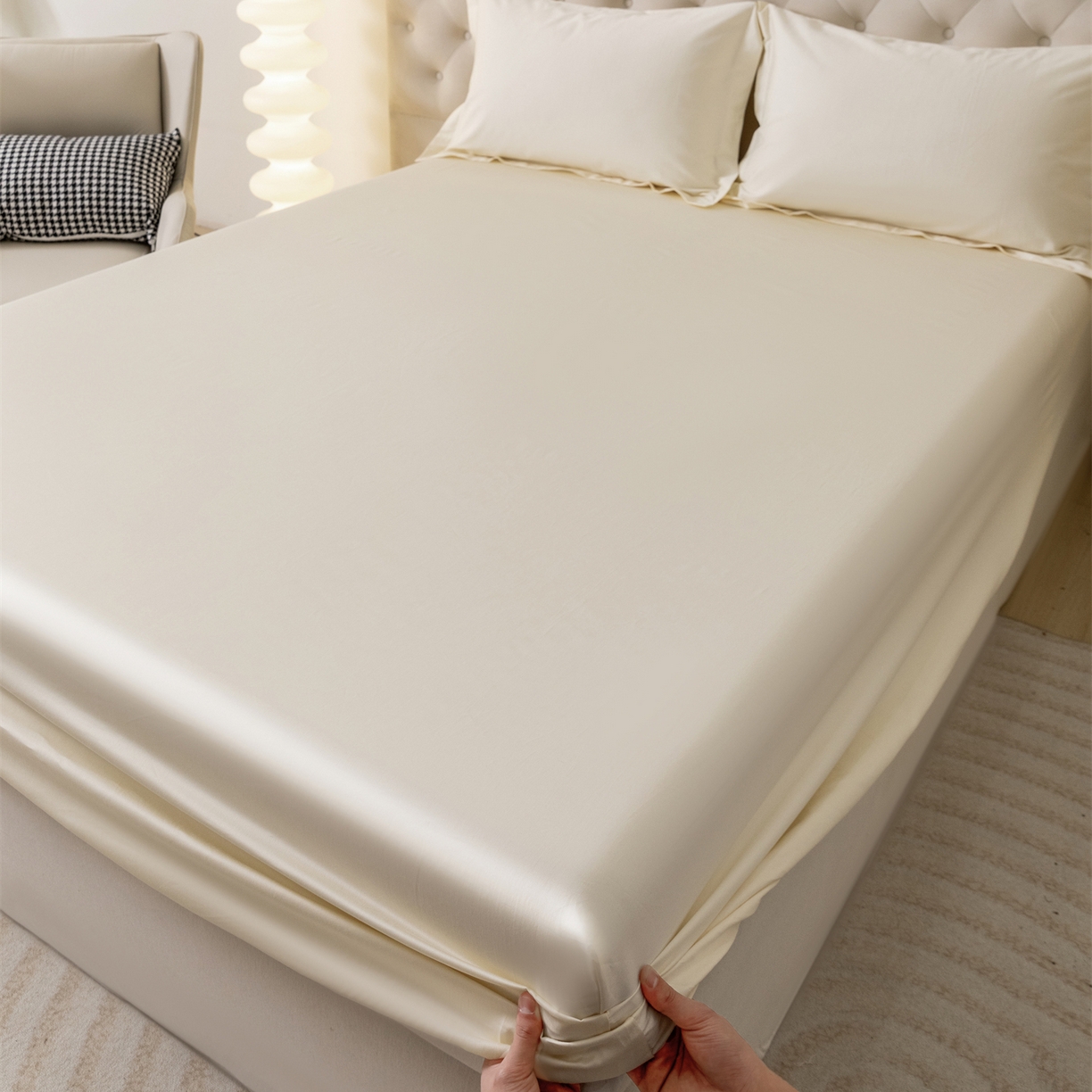 91家纺网 家纺一手货源 找家纺 宝时兰 2026新款全棉100S长绒棉床笠单件纯色纯棉贡缎 米白