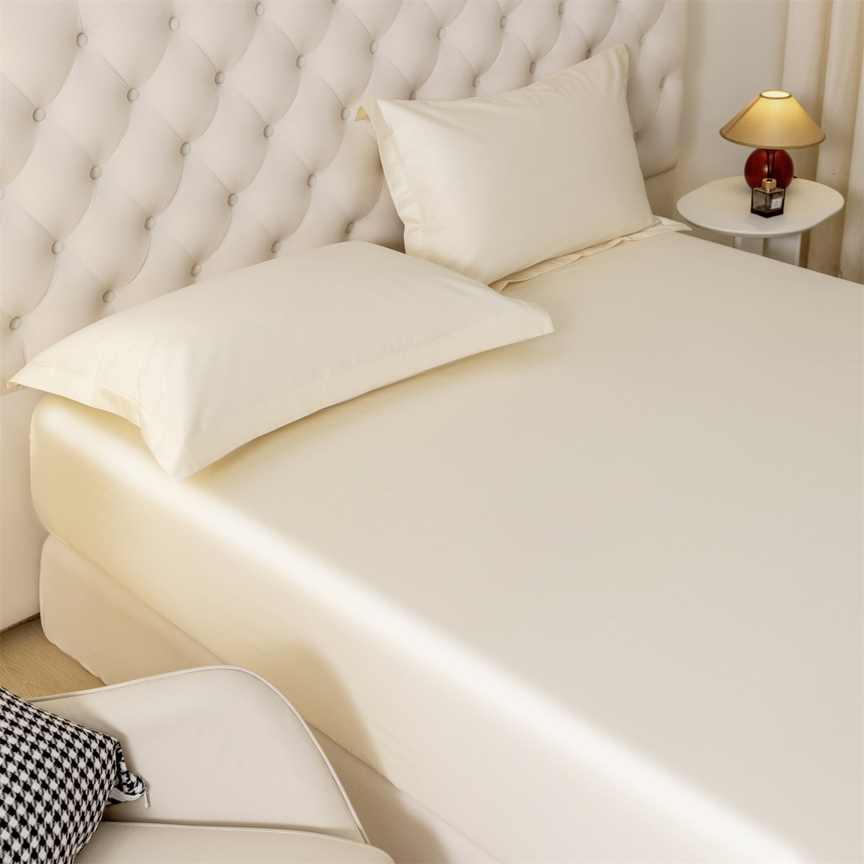 91家纺网 家纺一手货源 找家纺 宝时兰 2026新款全棉100S长绒棉床笠单件纯色纯棉贡缎 米白