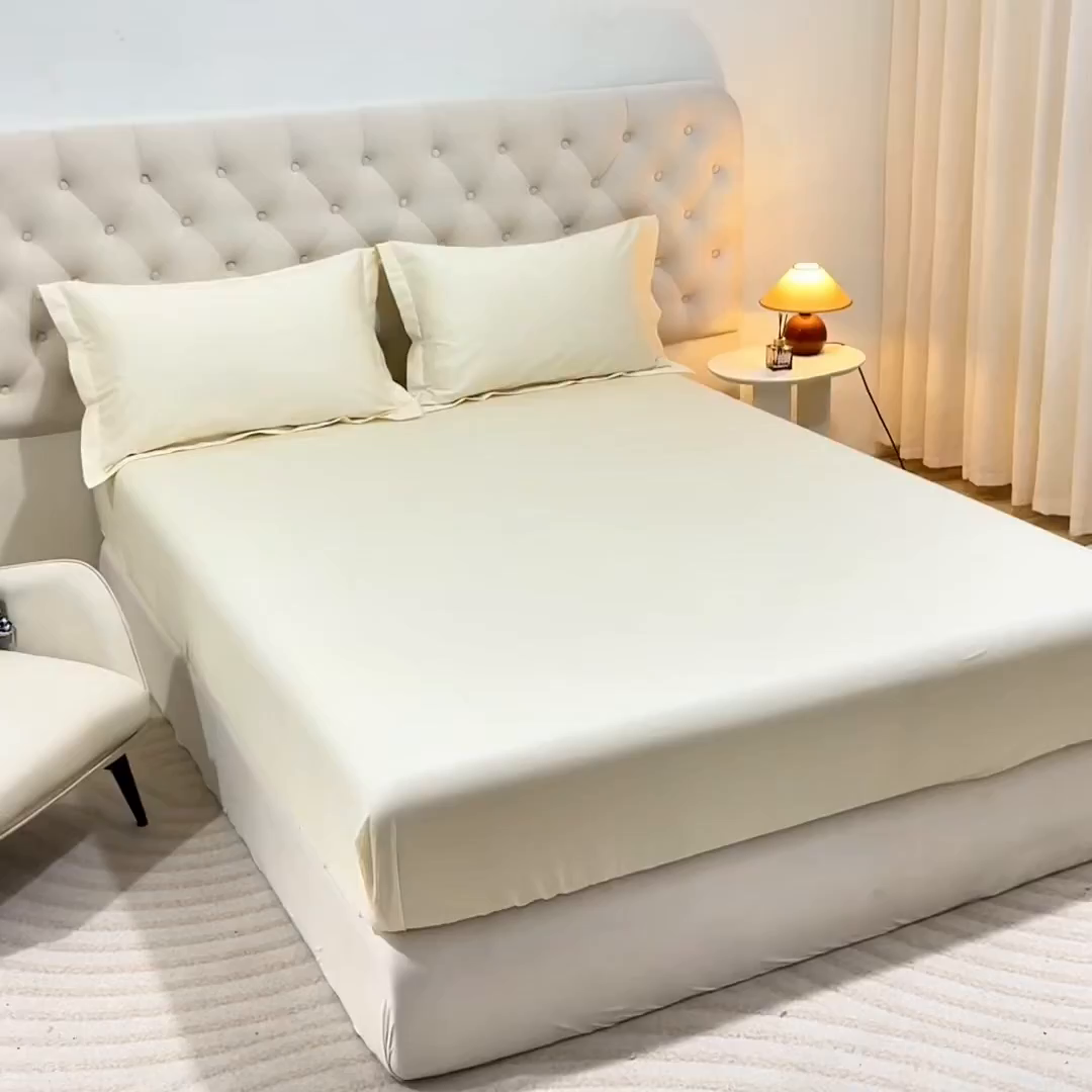 91家纺网 家纺一手货源 找家纺 宝时兰 2026新款全棉100S长绒棉床笠单件纯色纯棉贡缎 米白