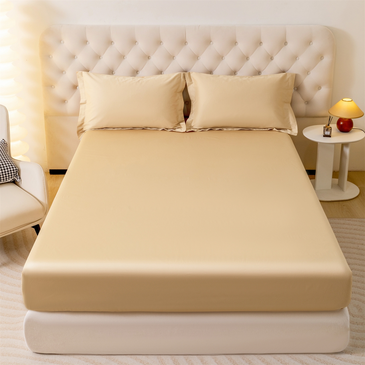 91家纺网 家纺一手货源 找家纺 宝时兰 2026新款全棉100S长绒棉床笠单件纯色纯棉贡缎 蜜金