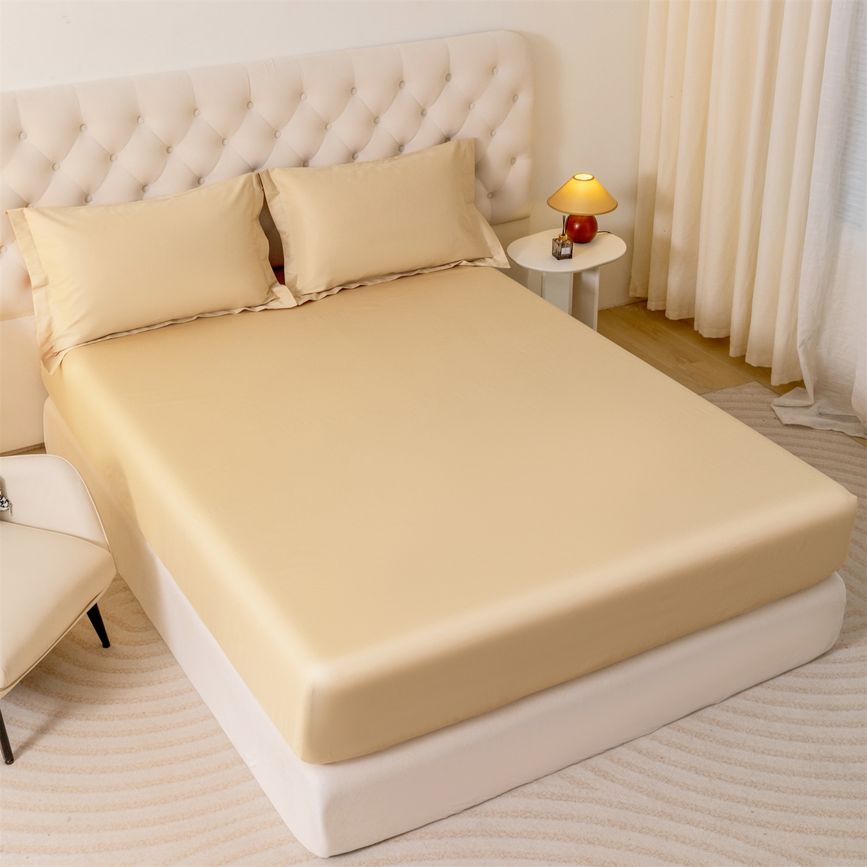 91家纺网 家纺一手货源 找家纺 宝时兰 2026新款全棉100S长绒棉床笠单件纯色纯棉贡缎 蜜金