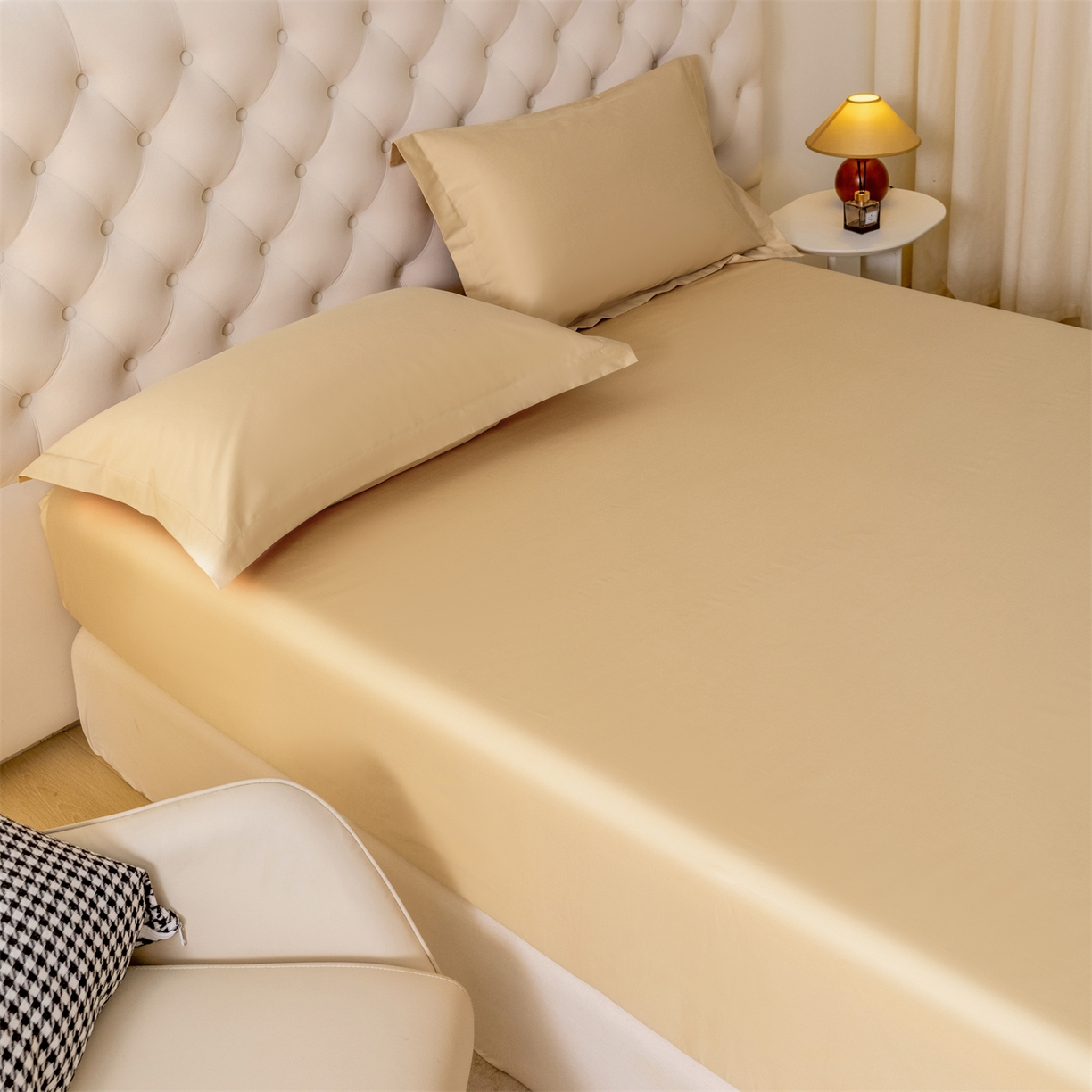 91家纺网 家纺一手货源 找家纺 宝时兰 2026新款全棉100S长绒棉床笠单件纯色纯棉贡缎 蜜金