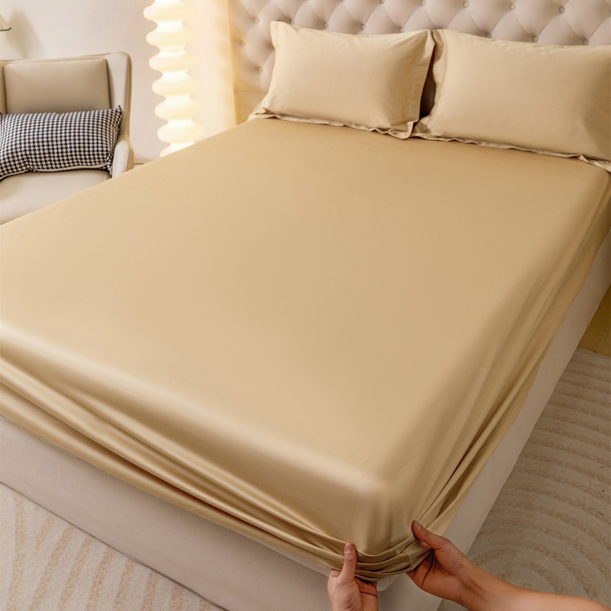 91家纺网 家纺一手货源 找家纺 宝时兰 2026新款全棉100S长绒棉床笠单件纯色纯棉贡缎 蜜金