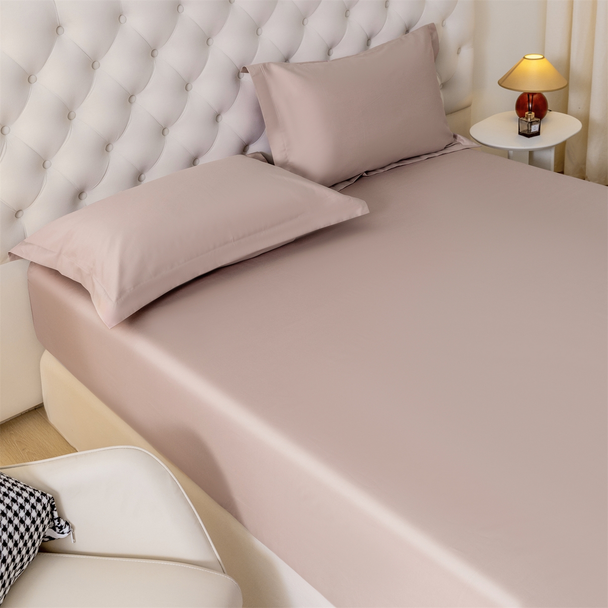 91家纺网 家纺一手货源 找家纺 宝时兰 2026新款全棉100S长绒棉床笠单件纯色纯棉贡缎 藕粉