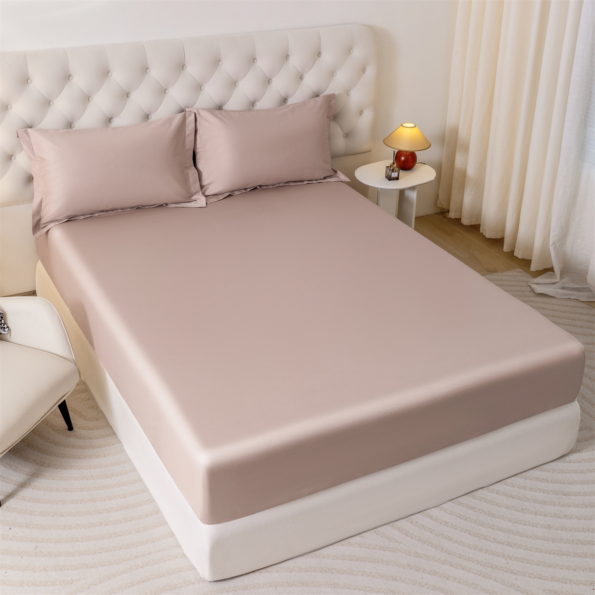 91家纺网 家纺一手货源 找家纺 宝时兰 2026新款全棉100S长绒棉床笠单件纯色纯棉贡缎 藕粉