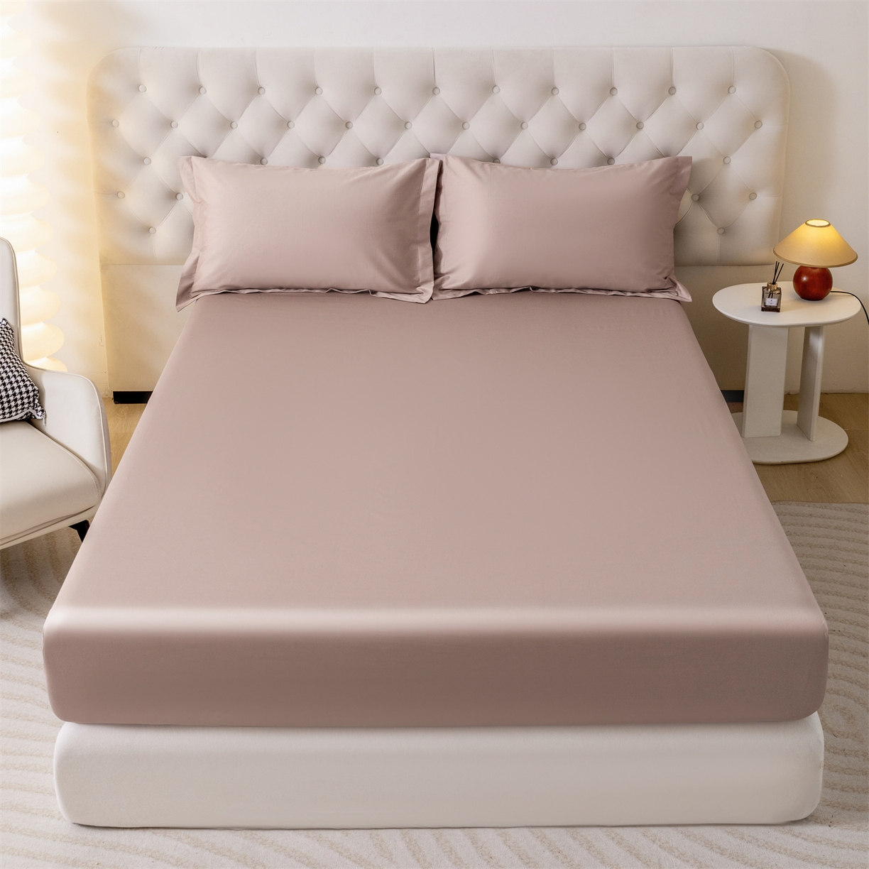 91家纺网 家纺一手货源 找家纺 宝时兰 2026新款全棉100S长绒棉床笠单件纯色纯棉贡缎 藕粉