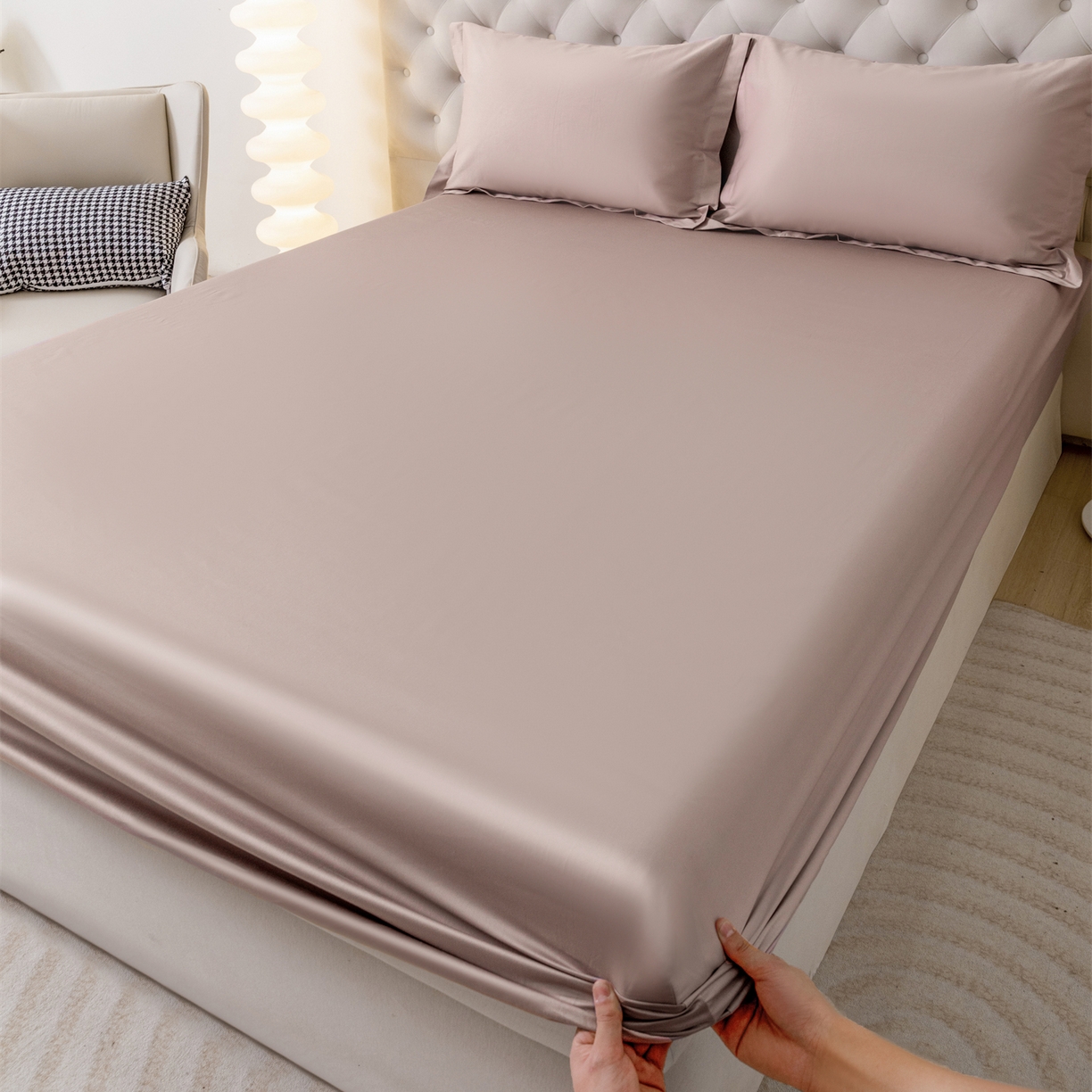 91家纺网 家纺一手货源 找家纺 宝时兰 2026新款全棉100S长绒棉床笠单件纯色纯棉贡缎 藕粉