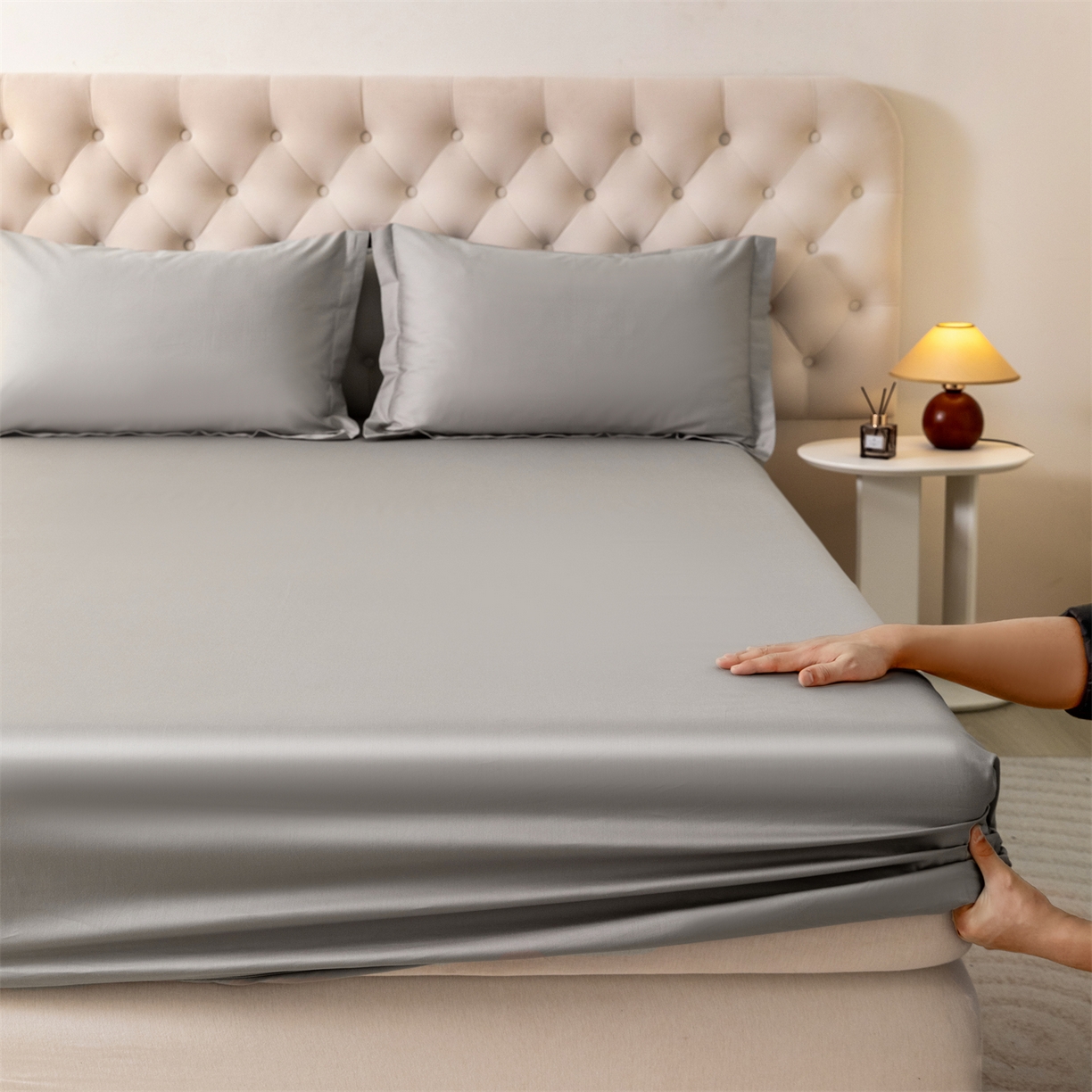 宝时兰 2026新款全棉100S长绒棉床笠单件纯色纯棉贡缎 浅灰