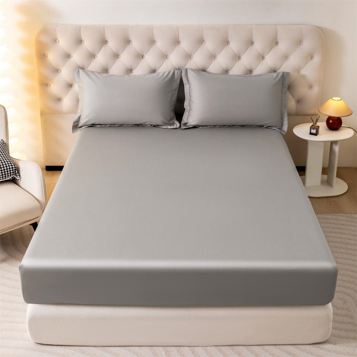 91家纺网 家纺一手货源 找家纺 宝时兰 2026新款全棉100S长绒棉床笠单件纯色纯棉贡缎 浅灰