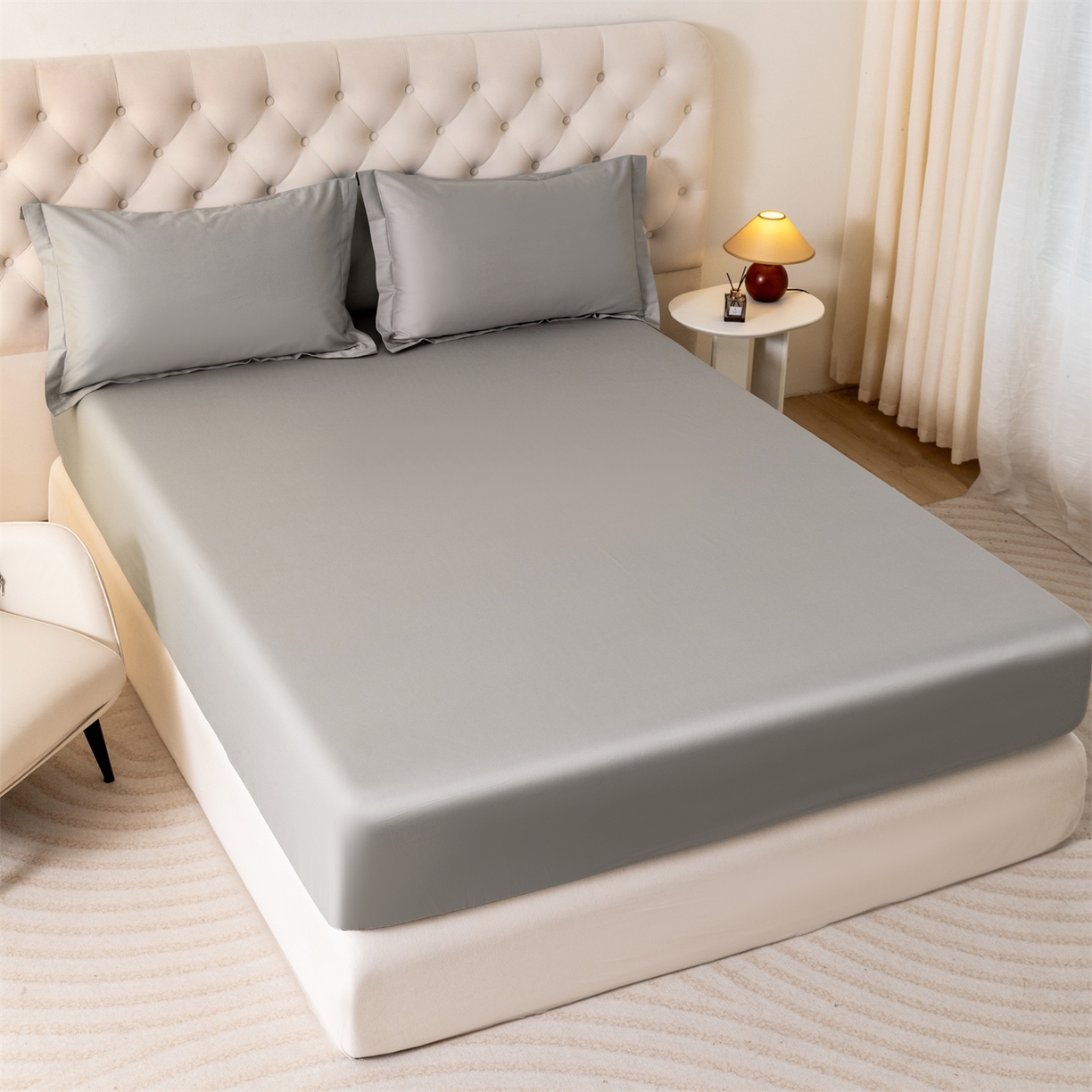 91家纺网 家纺一手货源 找家纺 宝时兰 2026新款全棉100S长绒棉床笠单件纯色纯棉贡缎 浅灰