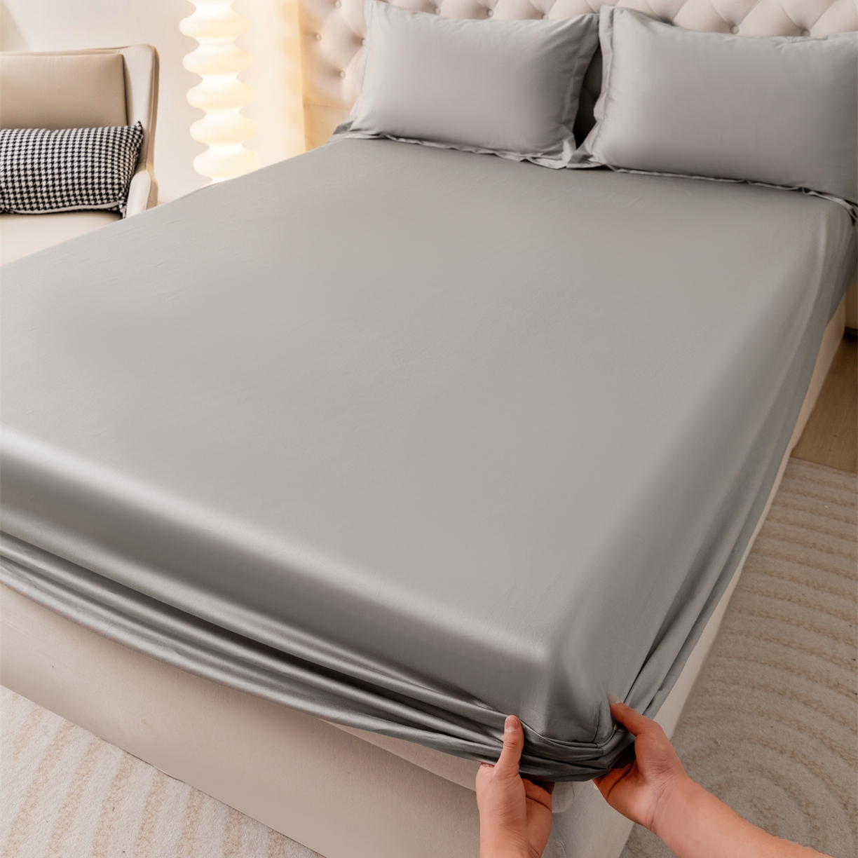 91家纺网 家纺一手货源 找家纺 宝时兰 2026新款全棉100S长绒棉床笠单件纯色纯棉贡缎 浅灰