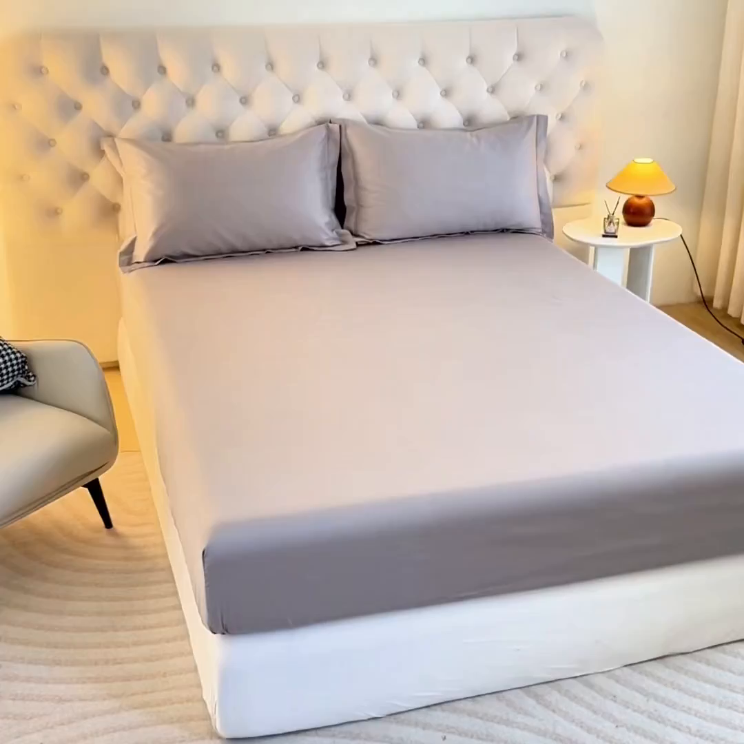 91家纺网 家纺一手货源 找家纺 宝时兰 2026新款全棉100S长绒棉床笠单件纯色纯棉贡缎 浅灰