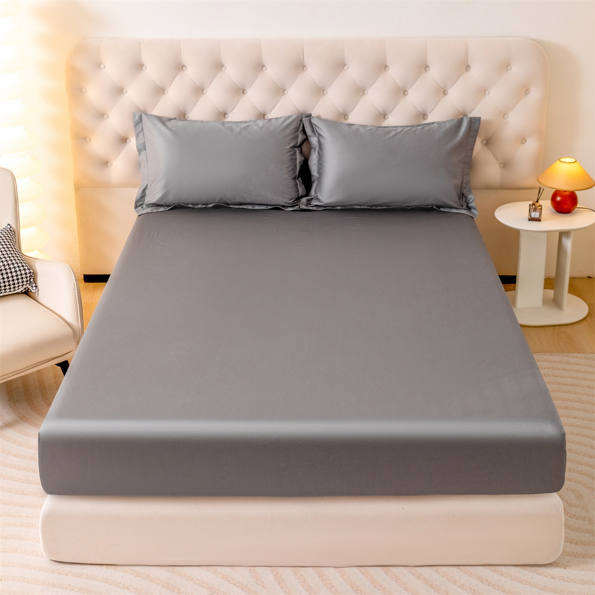 91家纺网 家纺一手货源 找家纺 宝时兰 2026新款全棉100S长绒棉床笠单件纯色纯棉贡缎 深灰