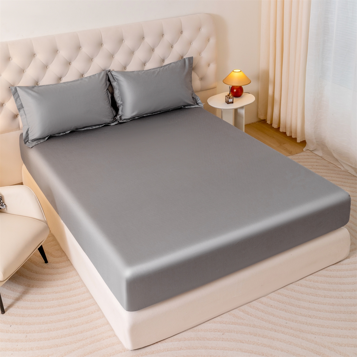 91家纺网 家纺一手货源 找家纺 宝时兰 2026新款全棉100S长绒棉床笠单件纯色纯棉贡缎 深灰