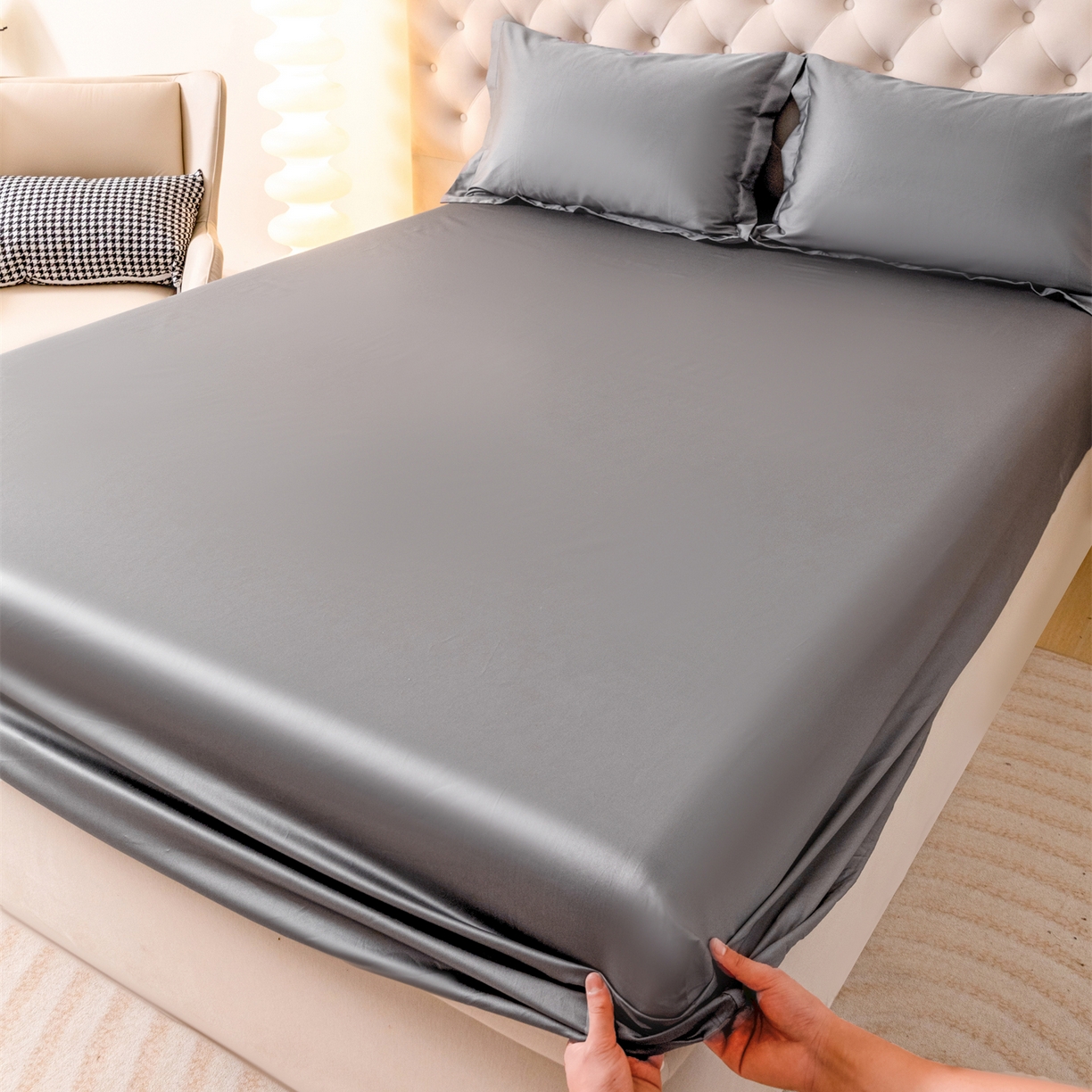 91家纺网 家纺一手货源 找家纺 宝时兰 2026新款全棉100S长绒棉床笠单件纯色纯棉贡缎 深灰
